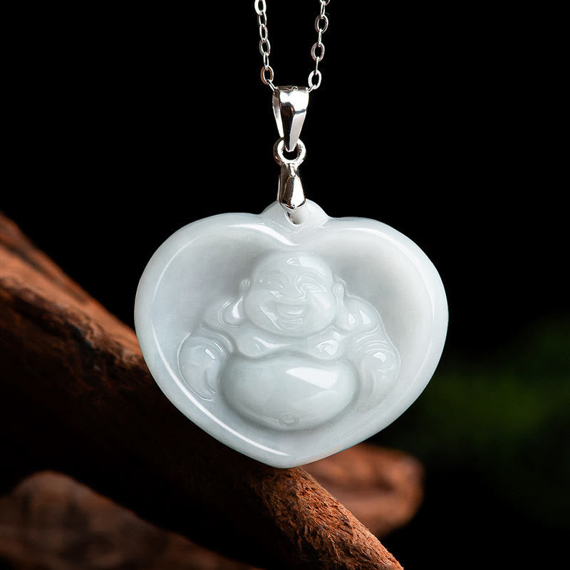 925 Sterling Silver Laughing Buddha White Jade Luck Blessing Necklace Pendant