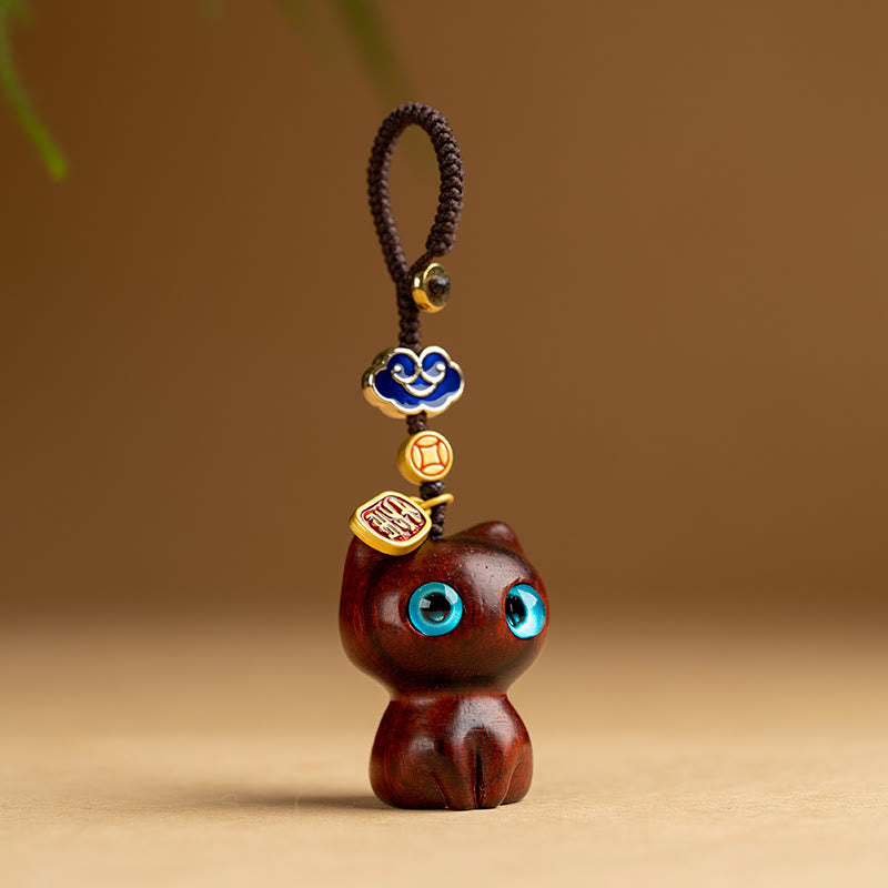 Small Leaf Red Sandalwood Ebony Wood Lucky Cat Protection Key Chain Phone Hanging Decoration