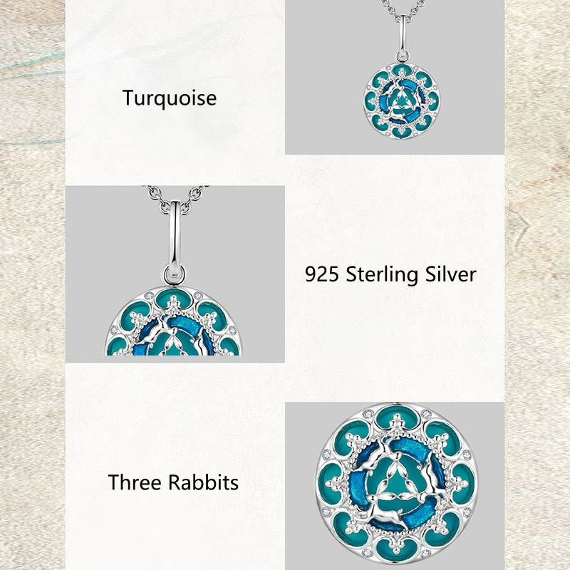 925 Sterling Silver Round Turquoise Three Rabbits Balance Necklace Pendant - Image 9