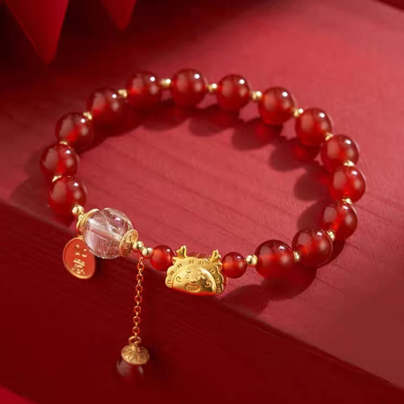 Year of the Dragon Dumpling Natural Red Agate Garnet Hetian Jade Fu Character Luck Success Bracelet - Image 5