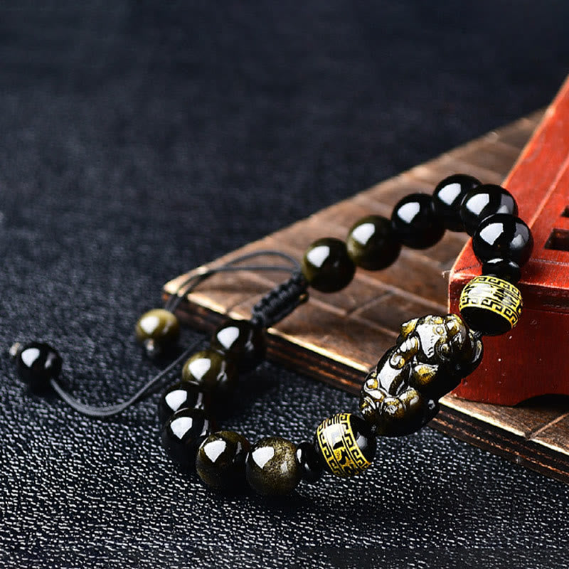 Natural Gold Sheen Obsidian PiXiu Om Mani Padme Hum Wealth Braided Bracelet - Image 3