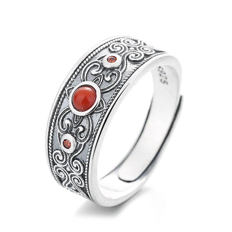 925 Sterling Silver Embedded Red Agate Auspicious Clouds Logical Thinking Ring - Image 5