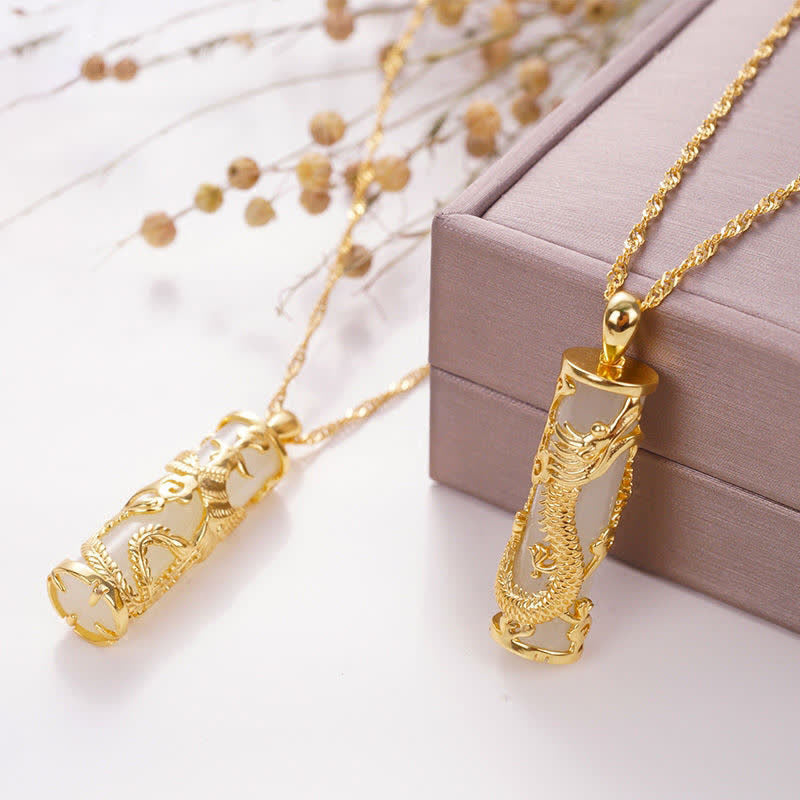 Jade Dragon Phoenix Copper Blessing Harmony Necklace Pendant