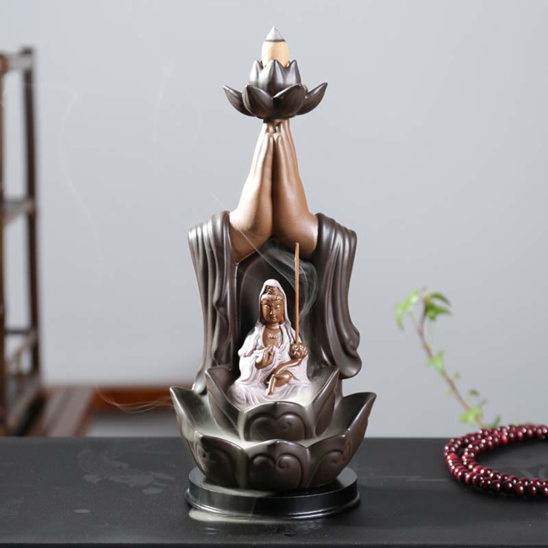Buddha Avalokitesvara Chenrezig Ksitigarbha Ceramic Lotus Blessing Backflow Incense Burner - Image 5