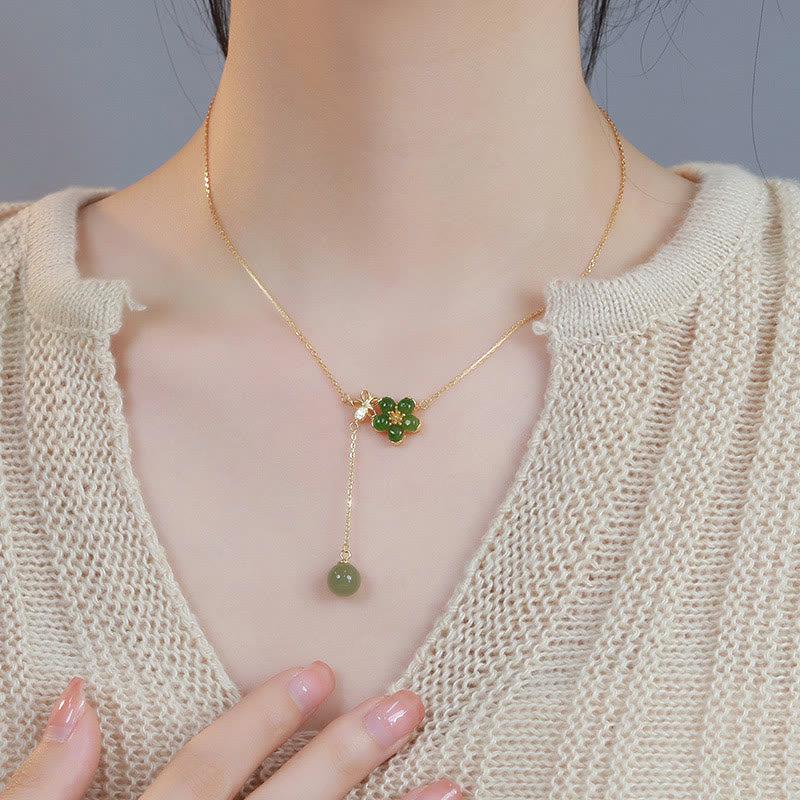 925 Sterling Silver Hetian Cyan Jade Plum Flower Blossom Design Luck Necklace Pendant