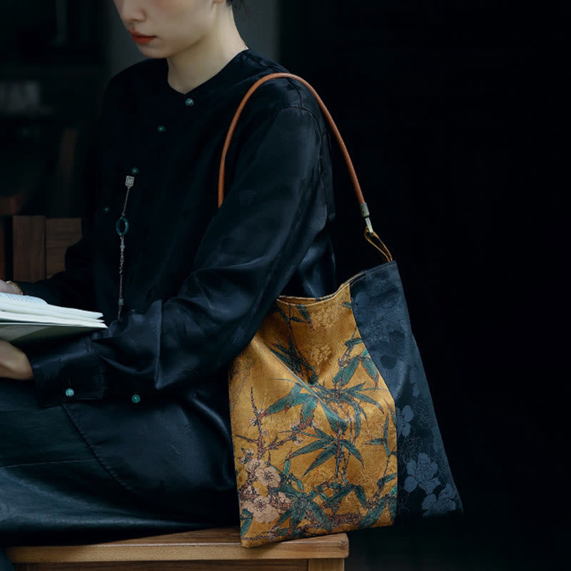 Bamboo Leaves Flower Butterfly Persimmon Shoulder Bag Handbag
