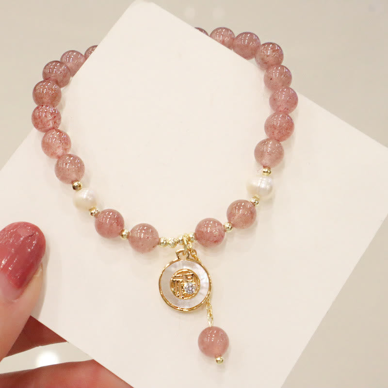 Strawberry Quartz Pearl Elk Smiley Face Fishtail Fu Character Charm Healing Bracelet - Image 12