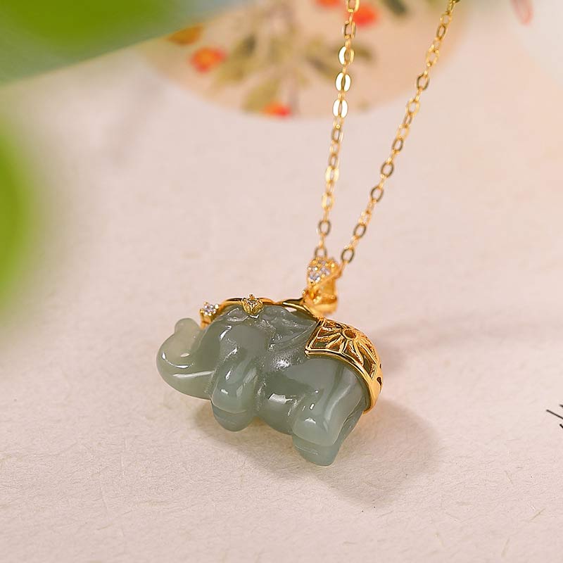 925 Sterling Silver Jade Elephant Blessing Fortune Necklace Chain Pendant - Image 5
