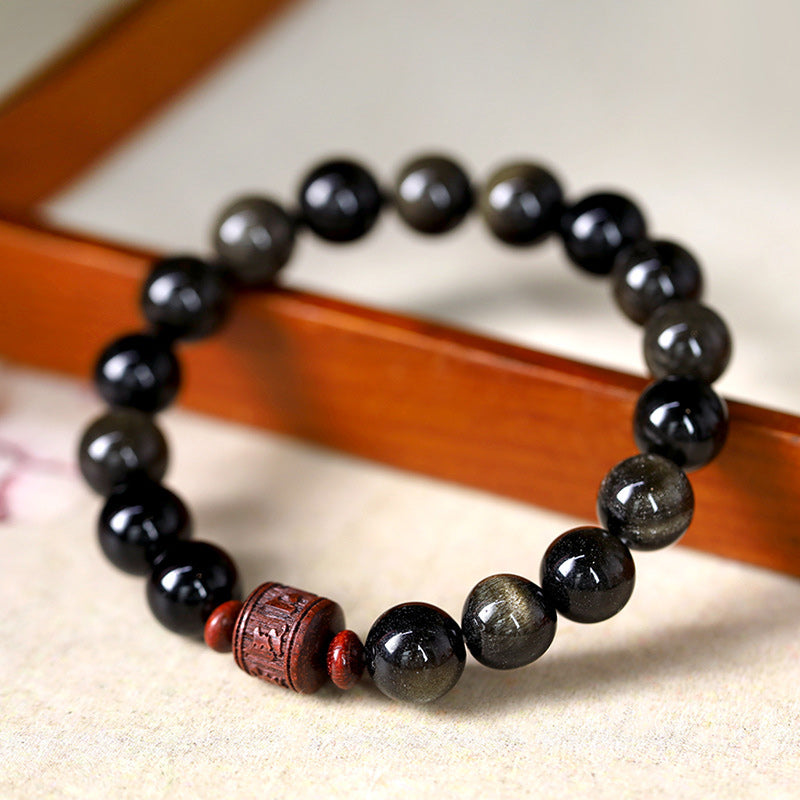 Natural Gold Sheen Obsidian Rainbow Obsidian Om Mani Padme Hum Fu Character Healing Bracelet