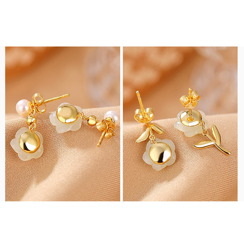 925 Sterling Silver Plated Gold Jade Rose Flower Cyan Jade Pearl Luck Earrings - Image 8