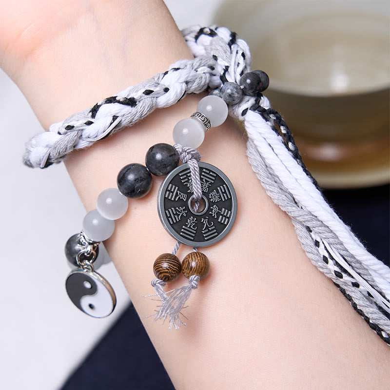 Black Glitter Stone Cat's Eye Yin Yang Mountain Ghosts Spend Money Power Double Layer Rope Bracelet - Image 3