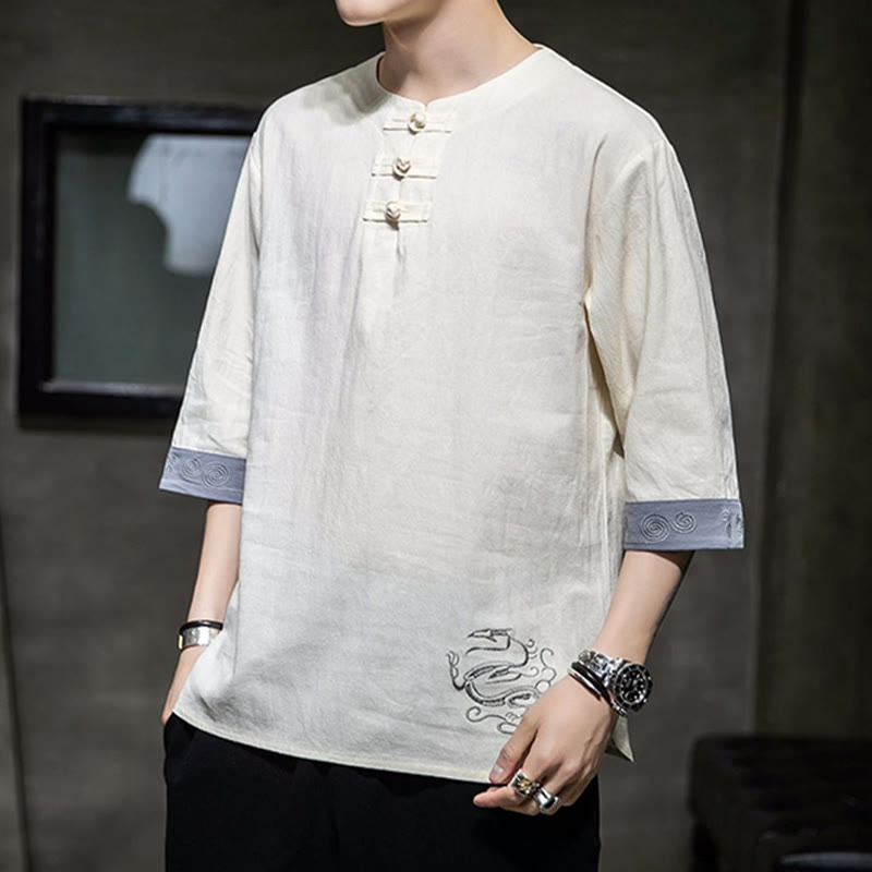 Frog-Button Dragon Embroidery Chinese Tang Suit Three Quarter Sleeve Shirt Cotton Linen Men Clothing - Image 7