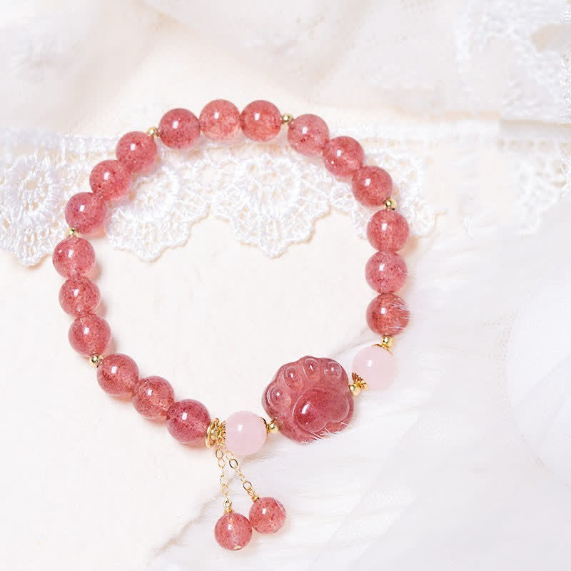 Natural Strawberry Quartz Pink Crystal Lucky Cat Paw Love Bracelet