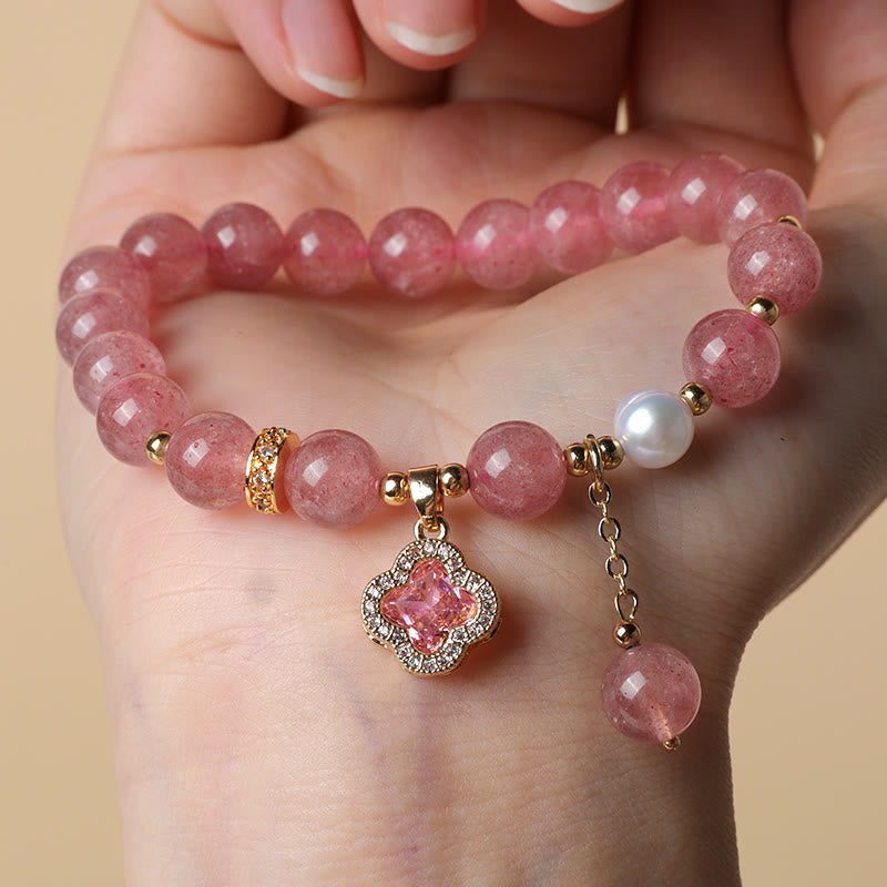 Strawberry Quartz Pearl Four Leaf Clover Charm Healing Bracelet - Image 6