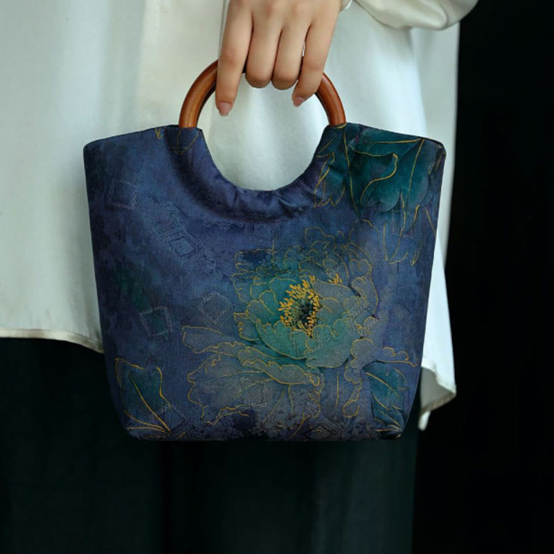 Peony Flower Bamboo Leaves Bird Solid Wood Handle Handbag - Image 7