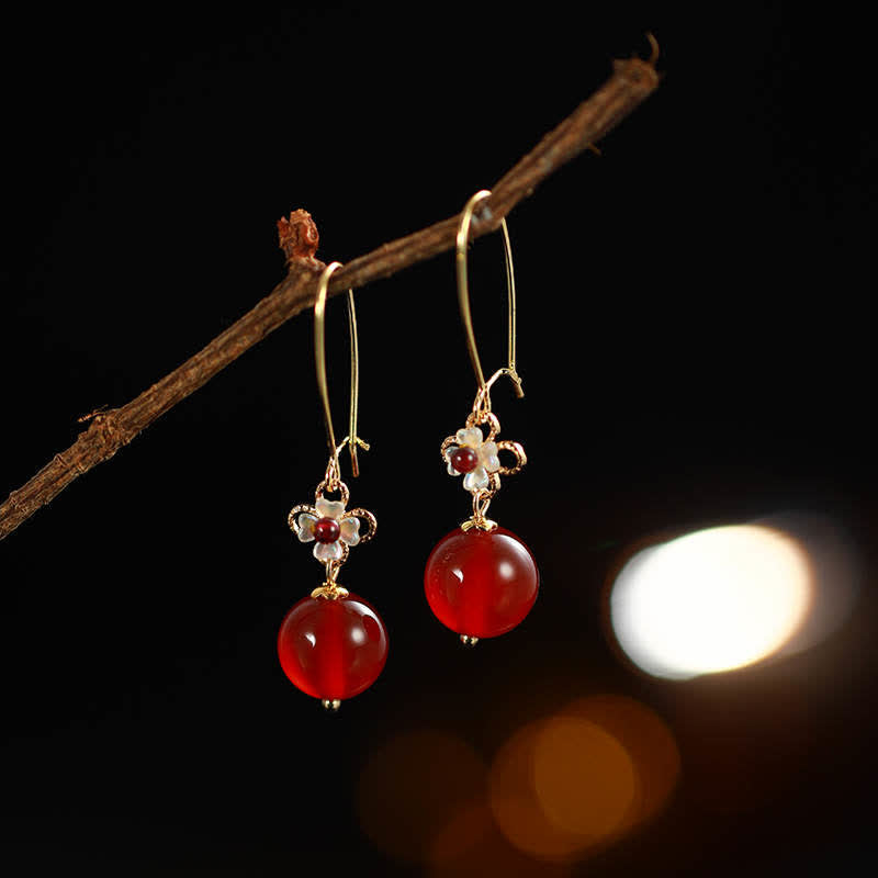925 Sterling Silver Red Agate Flower Beaded Confidence Earrings