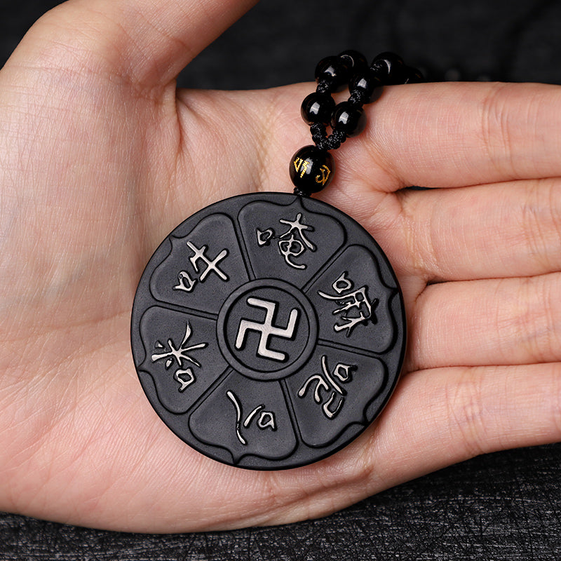 Natural Black Obsidian Tibetan Om Mani Padme Hum Buddha Swastika Luck Necklace Pendant - Image 8