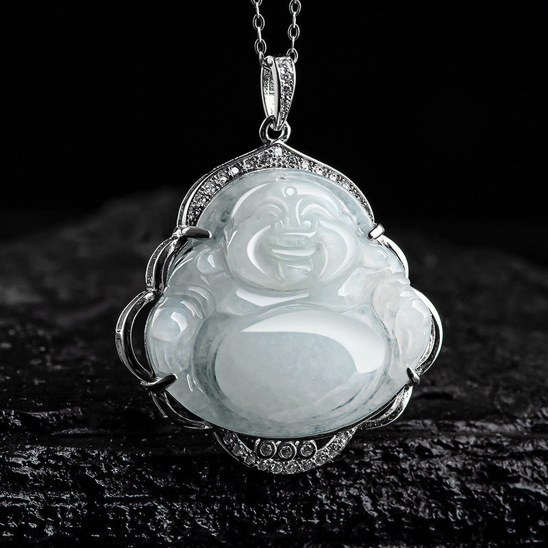 925 Sterling Silver Laughing Buddha Natural Jade Abundance Necklace Pendant - Image 5