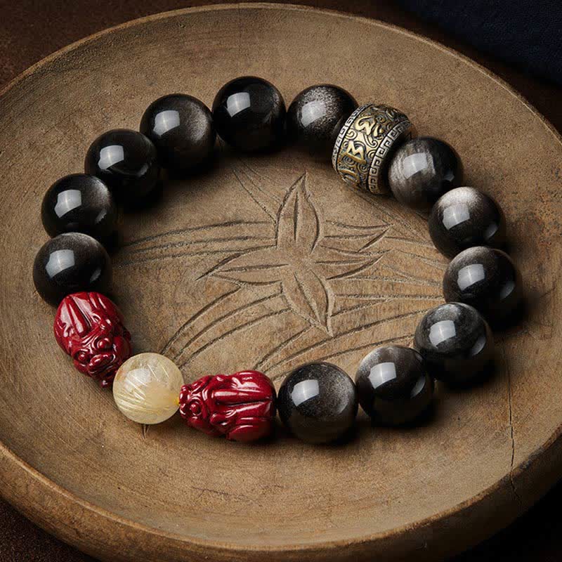 Gold Sheen Obsidian PiXiu Cinnabar Om Mani Padme Hum Protection Bracelet