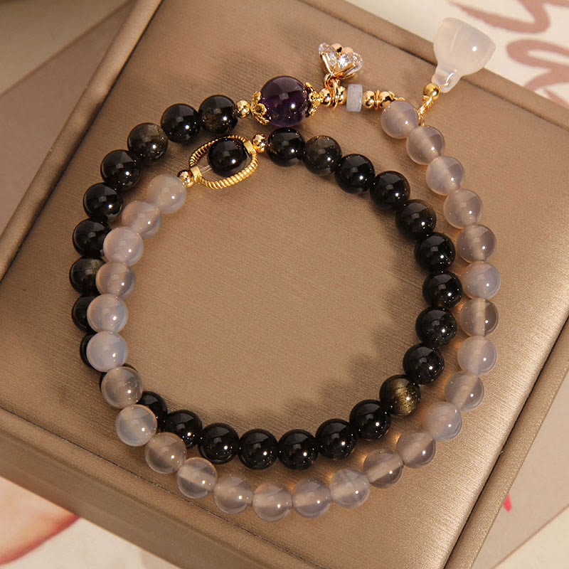 Gold Sheen Obsidian Gray Agate Lotus Charm Strengthen Double Wrap Bracelet - Image 5