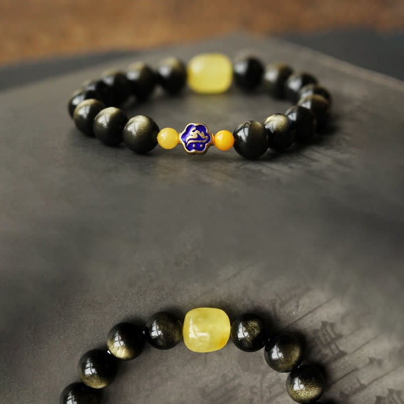 925 Sterling Silver Chinese Zodiac Natal Buddha Natural Gold Sheen Obsidian Amber Wealth Protection Bracelet - Image 17