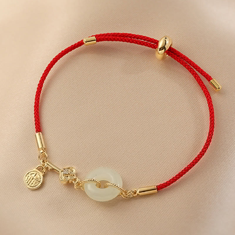 18K Gold Plated Hetian Jade Peace Buckle Fu Character Luck Red Rope Bracelet - Image 11