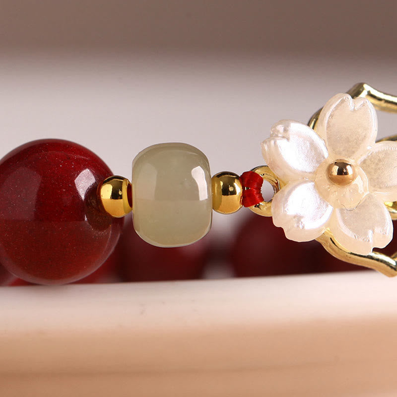Natural Cinnabar Jade Beaded Tridacna Stone Flower Blessing Bracelet - Image 8