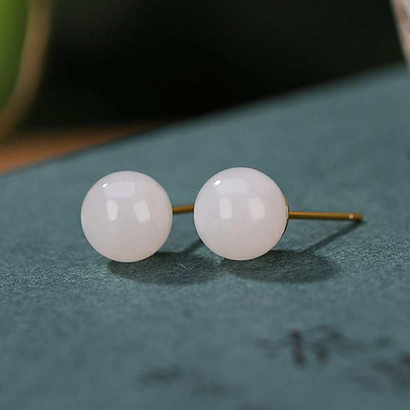 925 Sterling Silver Round White Jade Blessing Stud Earrings - Image 11