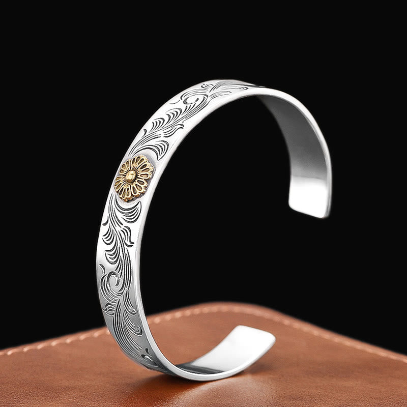 Tang Dynasty Flower Design Rose Flower Feather Carved Copper Luck Bracelet Bangle