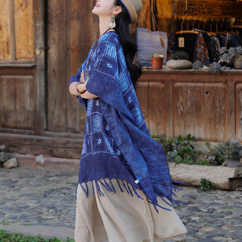 Blue Color Block Plaid Shawl Tassels Soft Pullover 90*95cm - Image 12