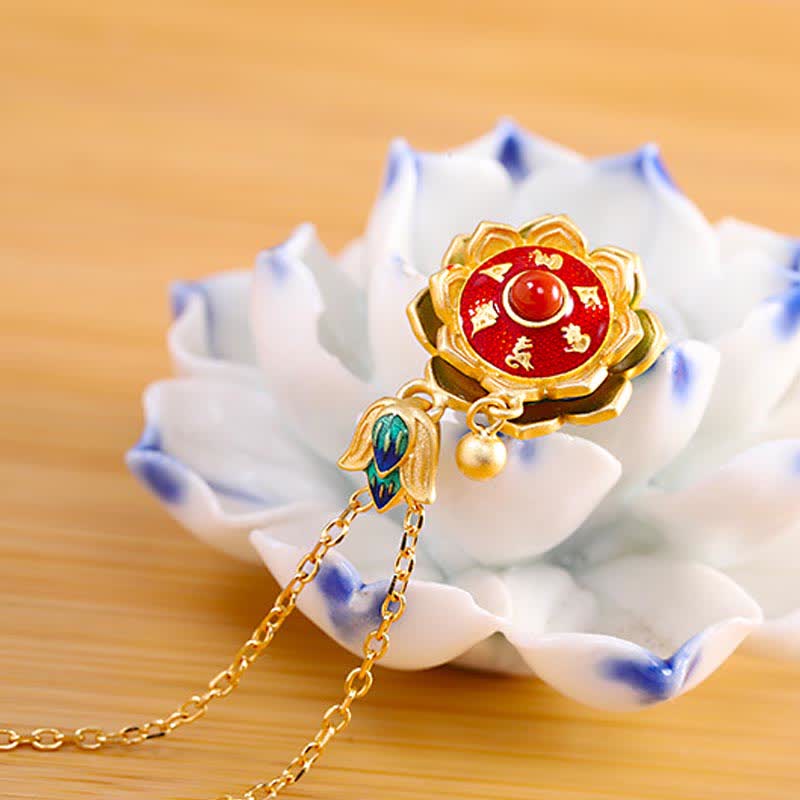 925 Sterling Silver Tibet Lotus Prayer Wheel Red Agate Enlightenment Necklace Pendant - Image 3