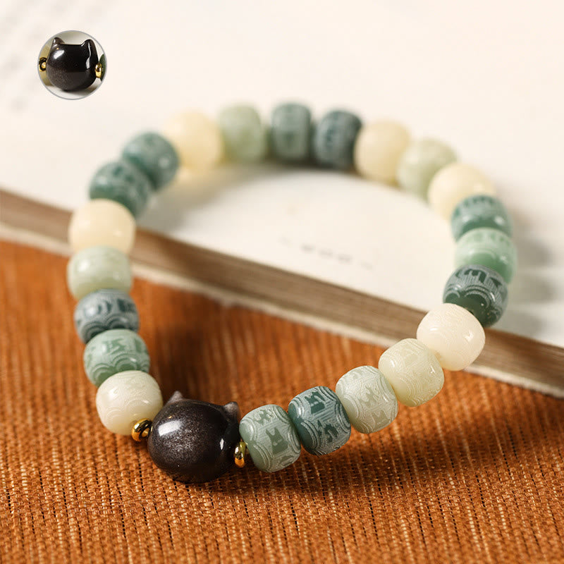 Bodhi Seed Silver Sheen Obsidian Cat Head Om Mani Padme Hum Engraved Harmony Bracelet - Image 9