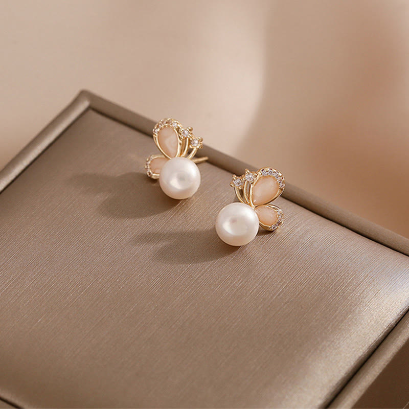 18k Gold Plated Pearl Butterfly Love Freedom Stud Earrings - Image 4