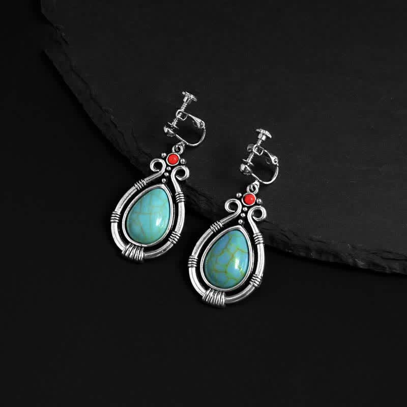 Tibet Vintage Turquoise Waterdrop Strength Drop Dangle Earrings Clips - Image 12