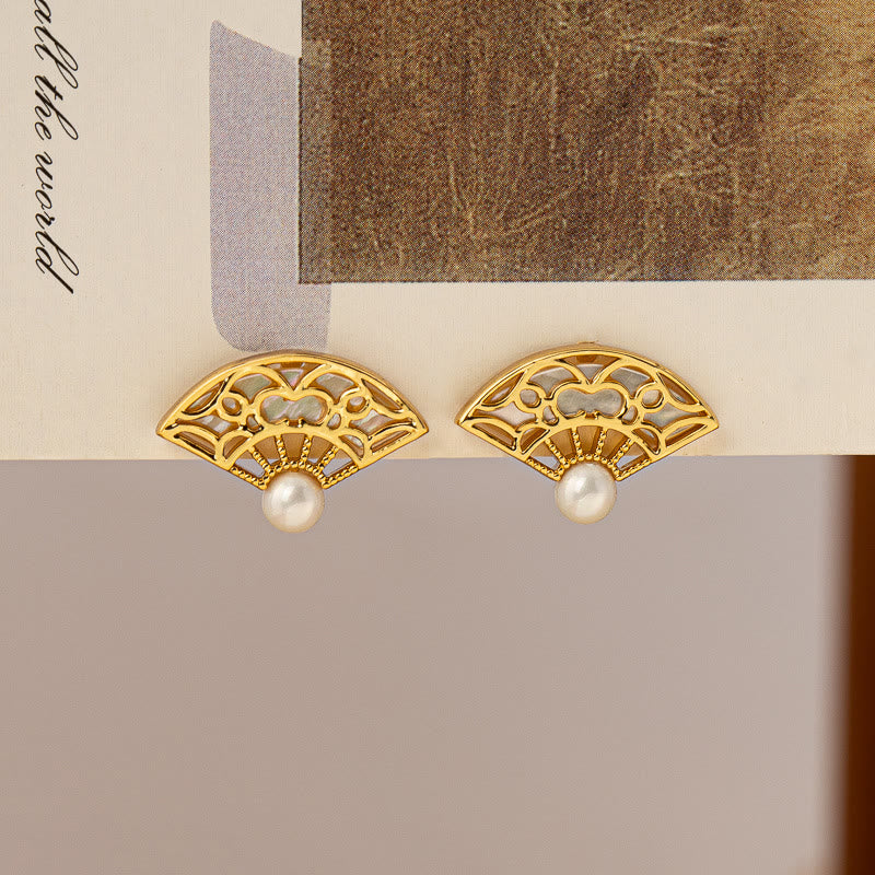 925 Sterling Silver Posts Fan Pattern Pearl Copper Wisdom Stud Drop Earrings - Image 3