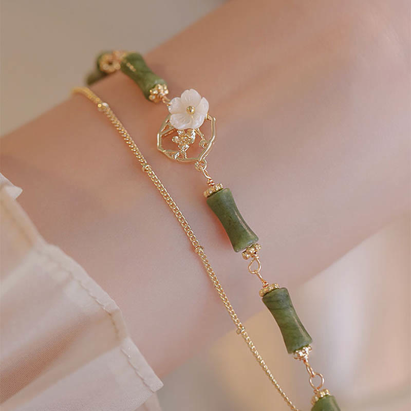 14k Gold Plated Copper Peridot Bamboo Flower Wealth Double Layer Bracelet - Image 5