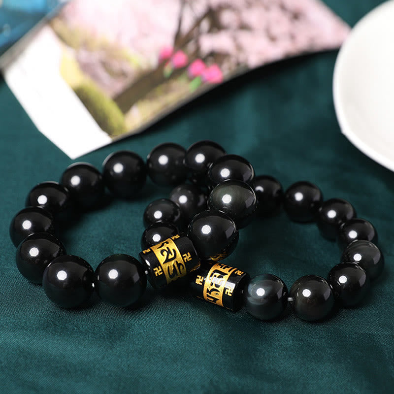 Rainbow Obsidian Om Mani Padme Hum Swastika Positive Bracelet - Image 15
