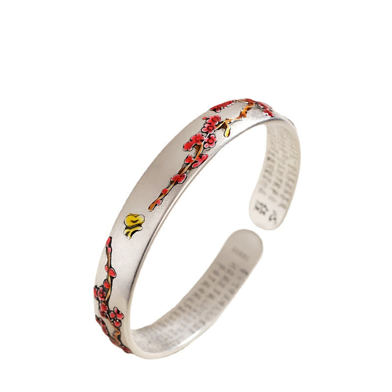 Plum Blossom Chrysanthemum Flower Design Heart Sutra Healing Bracelet Cuff Bangle - Image 3