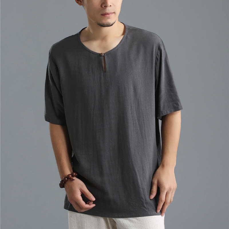 Men's Solid Color Round Neck Short Sleeve Cotton Linen Shirt - Image 5