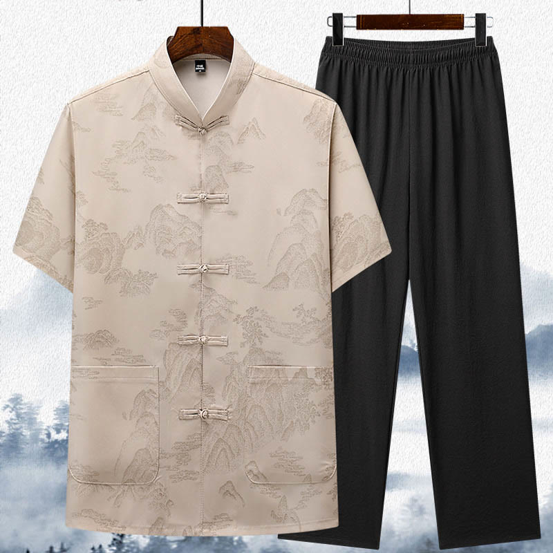 Mountains Trees Tang Suit Hanfu Traditional Uniform Short Sleeve Top Pants Clothing Men's Set