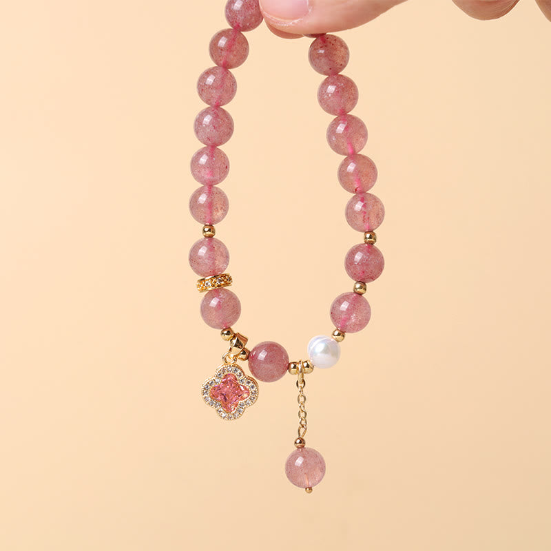 Strawberry Quartz Pearl Four Leaf Clover Charm Healing Bracelet - Image 8