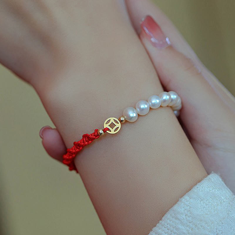 14K Gold Plated Pearl Bead Luck Protection Braid Red String Bracelet - Image 9
