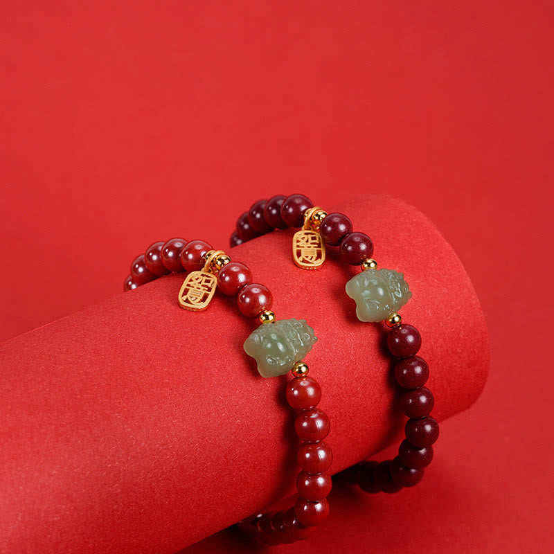 925 Sterling Silver Year of the Dragon Natural Cinnabar Hetian Jade Dragon Fu Character Ruyi As One Wishes Charm Blessing Bracelet - Image 15