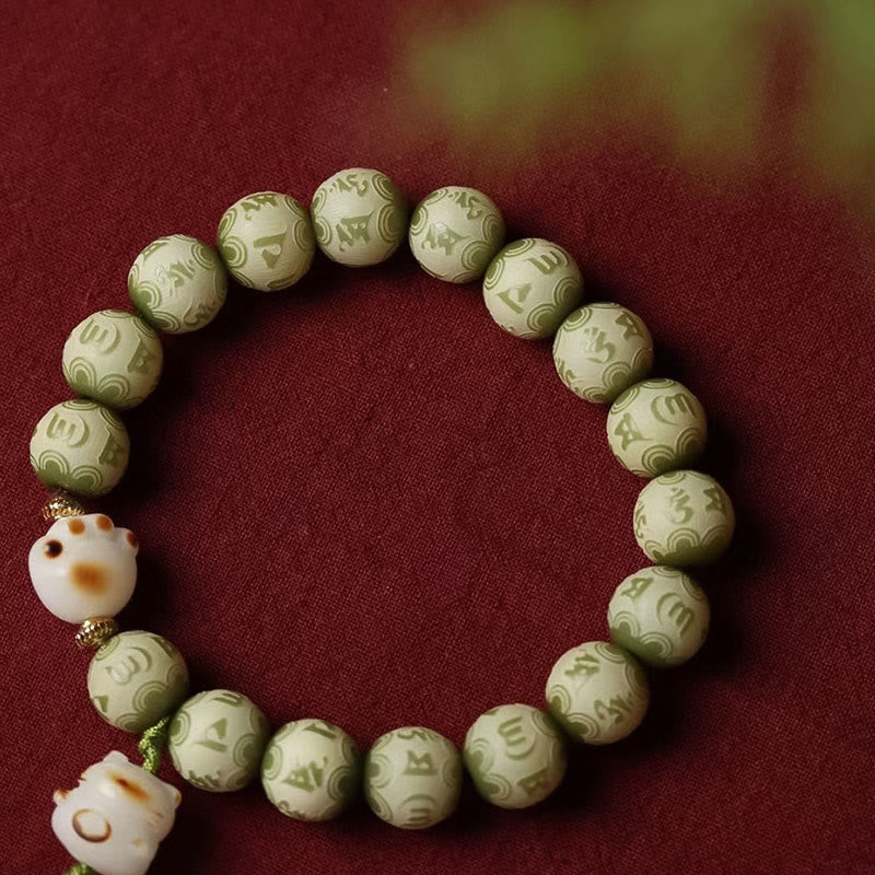 Green Bodhi Seed Cat Paw Om Mani Padme Hum Engraved Wisdom Bracelet - Image 9
