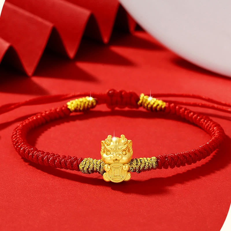 999 Sterling Silver Year of the Dragon Copper Coin Fortune Dragon Fu Character Luck Handcrafted Red String Braided Bracelet