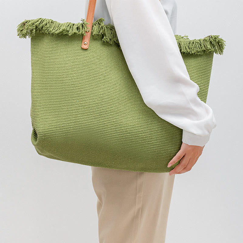 Large Capacity Solid Color Tassel Canvas Tote Shoulder Bag - Image 15