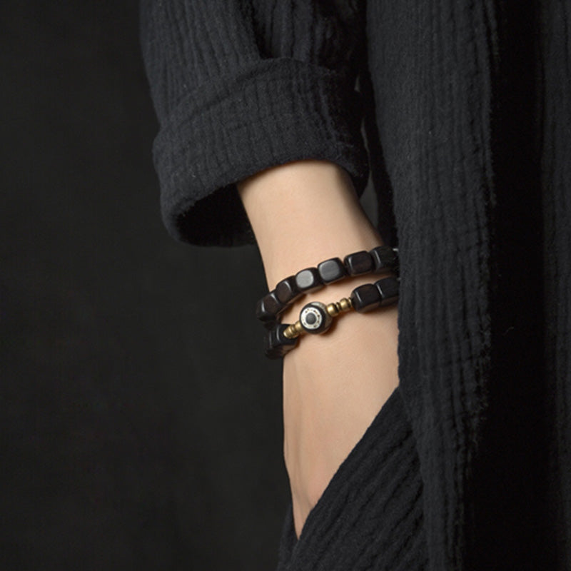 Ebony Wood Dzi Bead Copper Peace Couple Bracelet - Image 3