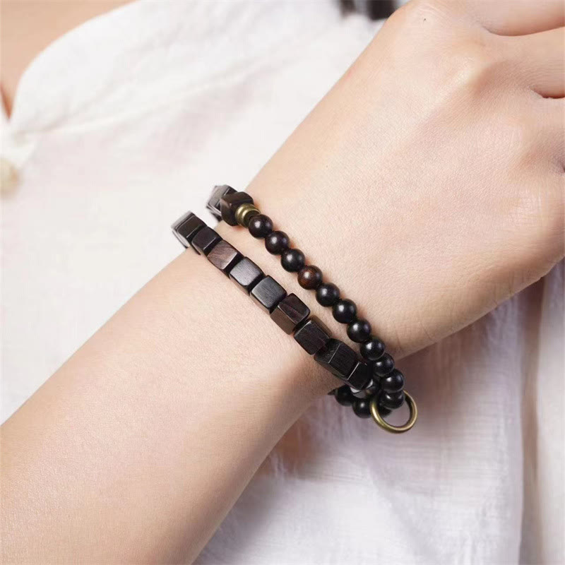 Tibet Ebony Wood Square Beads Peace Double Wrap Bracelet - Image 6