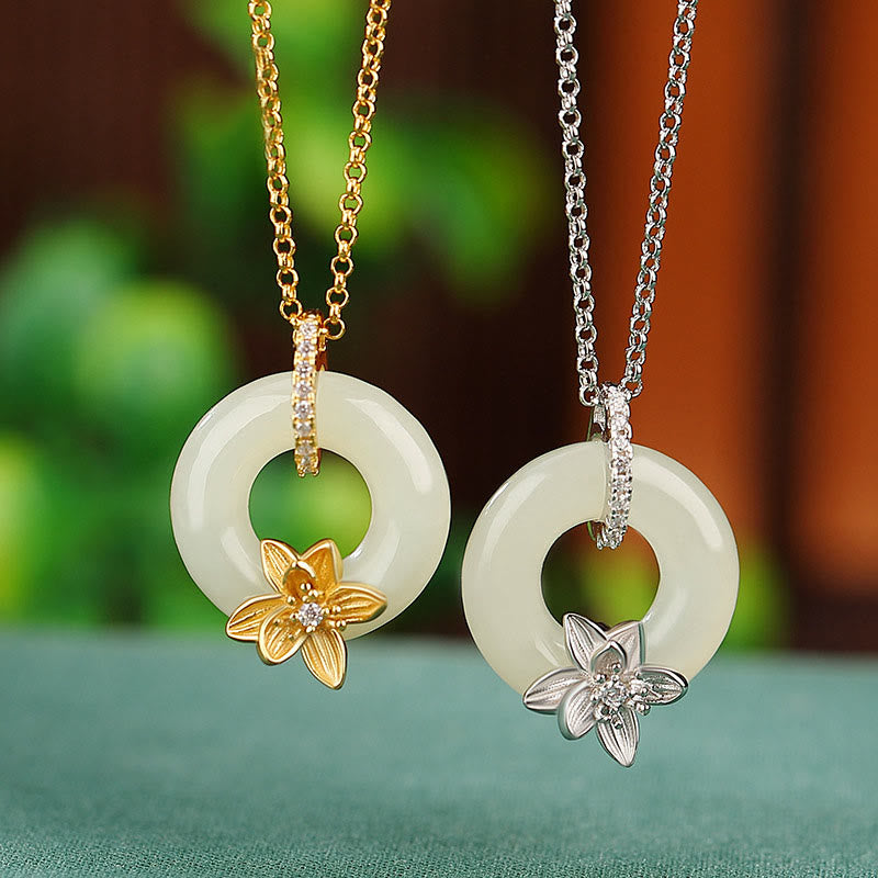 925 Sterling Silver Hetian Jade Peace Buckle Flower Luck Necklace Pendant