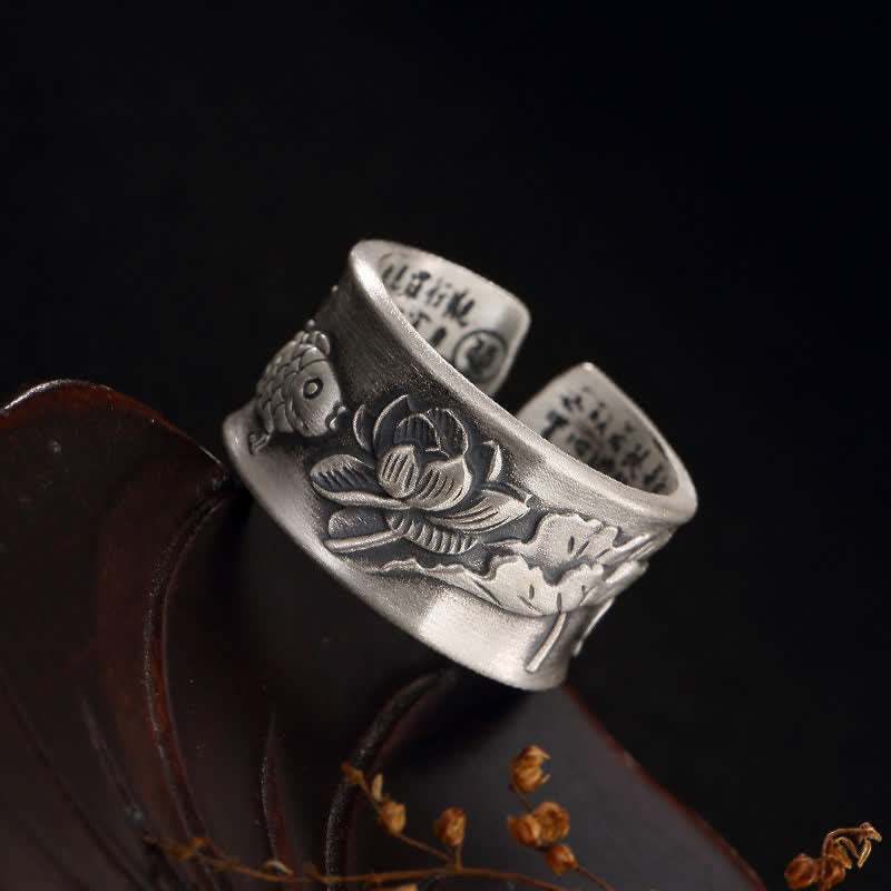 999 Sterling Silver Luck Koi Fish Lotus Heart Sutra Wealth Ring - Image 16